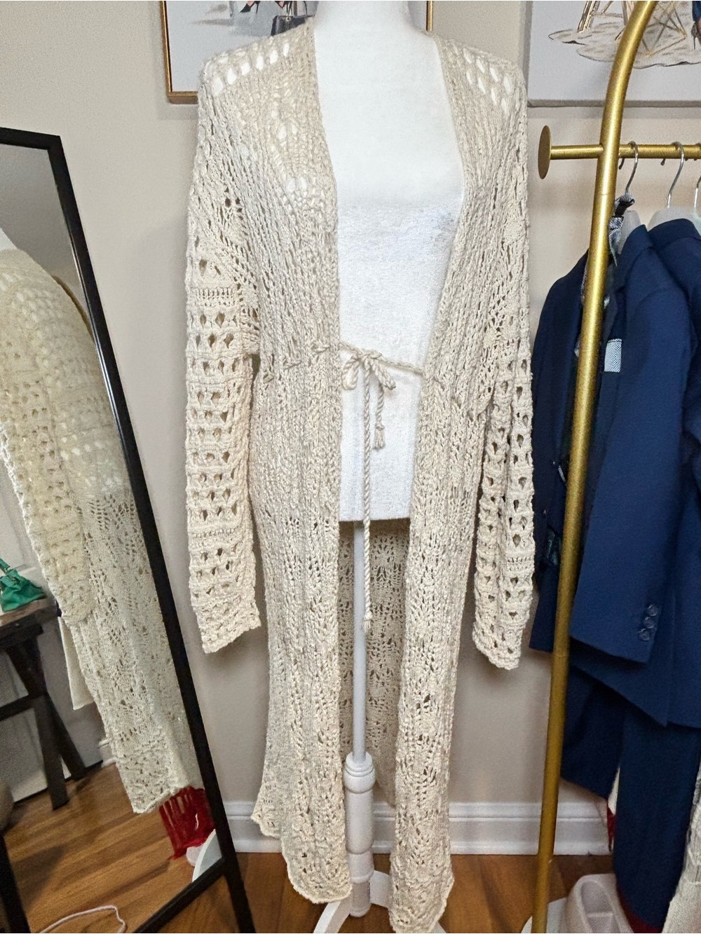 Free People Cream Crochet Open Knit Maxi Duster Cardigan Tie Waist S